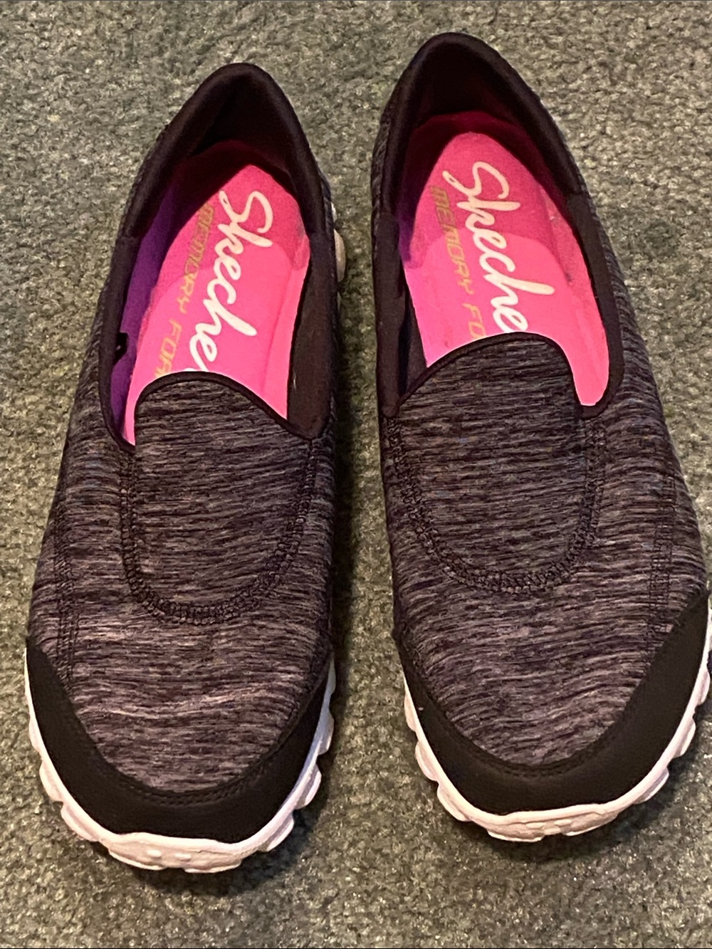 Sketchers Gray & Black Slip-On Sneakers with White Textured Soles- 6